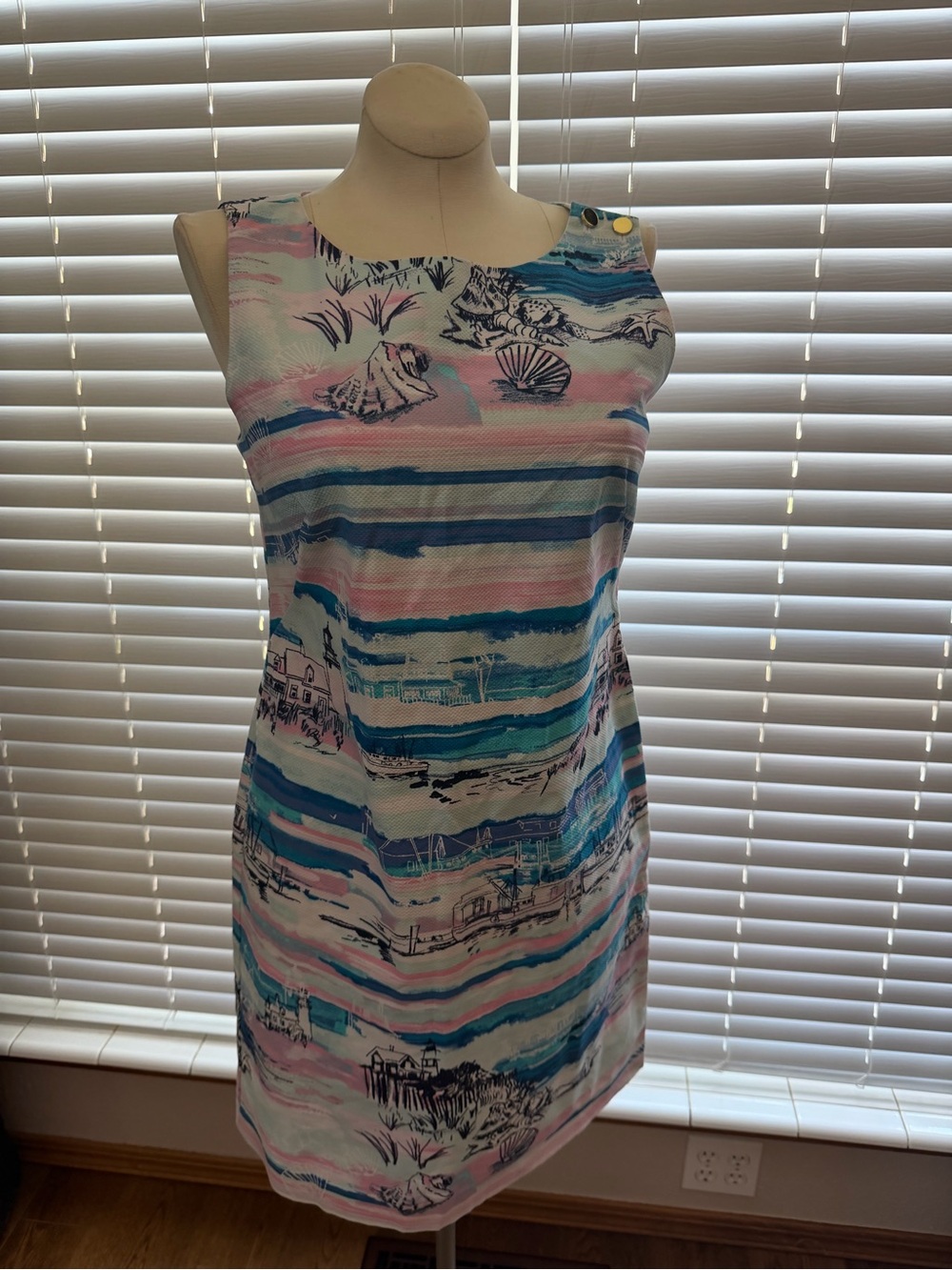 Talbots 10 Seaside Harbor 100% Cotton Coastal Sleeveless Shift Dress Blue & Pink